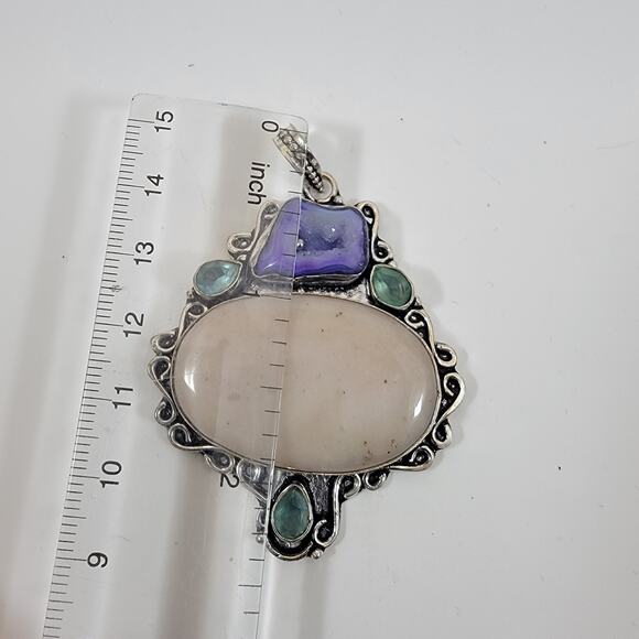 Handmade Silver Pendant with White Jasper, Sugilite & Emerald Accents - Picture 2 of 10